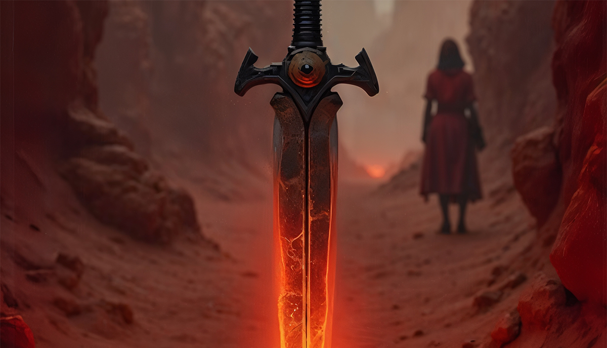 A glowing sword is embedded in the ground in a rocky, red-hued canyon, with a figure in red standing in the distance.