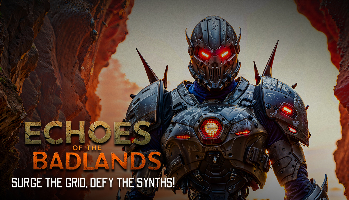 The image depicts a menacing armored robot with glowing red eyes standing in a rocky landscape, accompanied by the title 