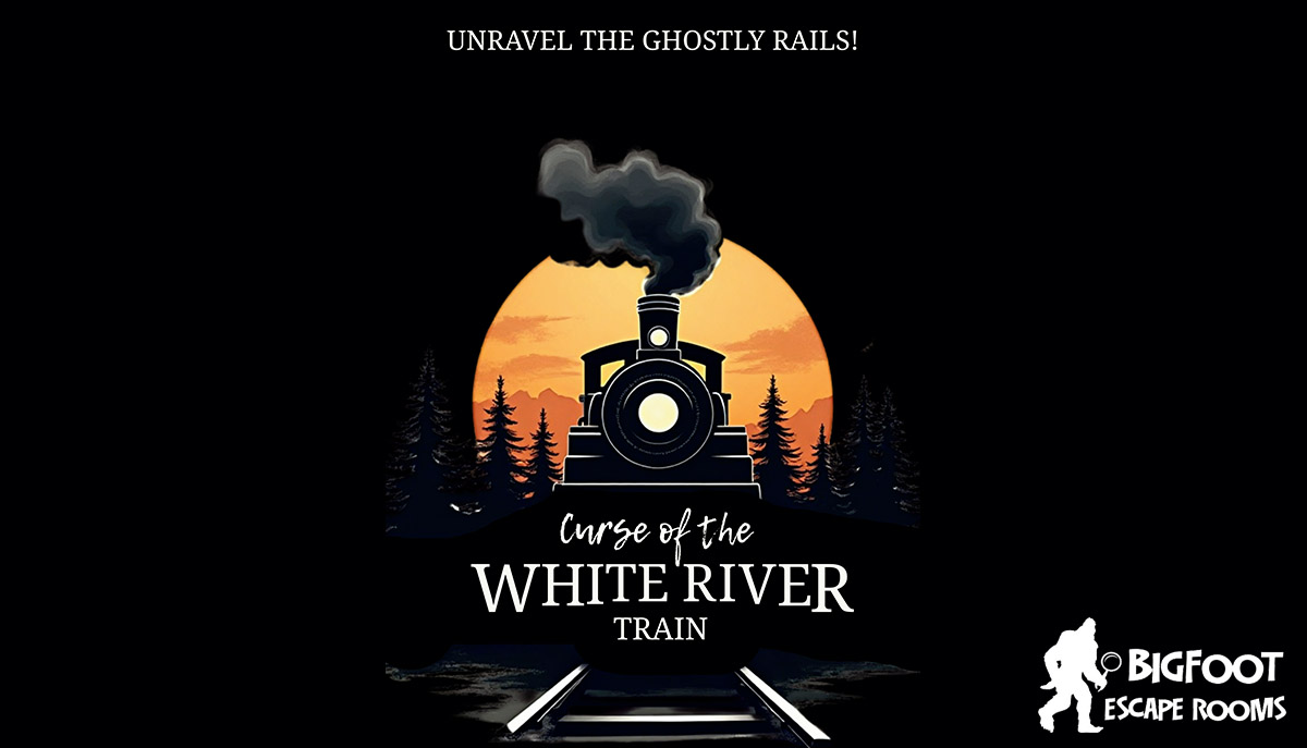 The image features a stylized train with smoke against an orange sunset, surrounded by trees, accompanied by the text 