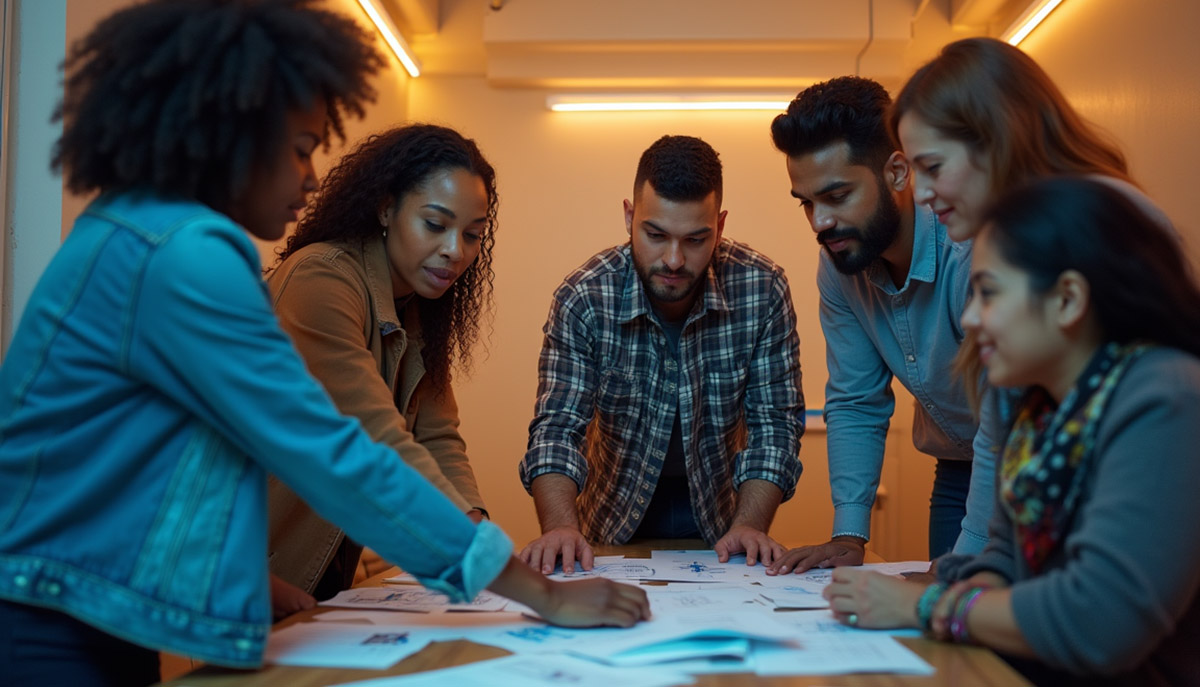 A diverse group of people is engaged in a collaborative discussion, examining papers spread out on a table in a warmly lit room.