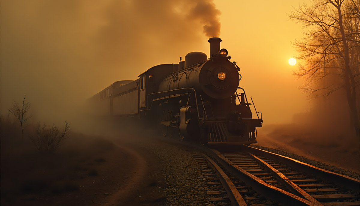 A steam locomotive travels along a foggy railway at sunset, casting a striking silhouette against the golden sky.