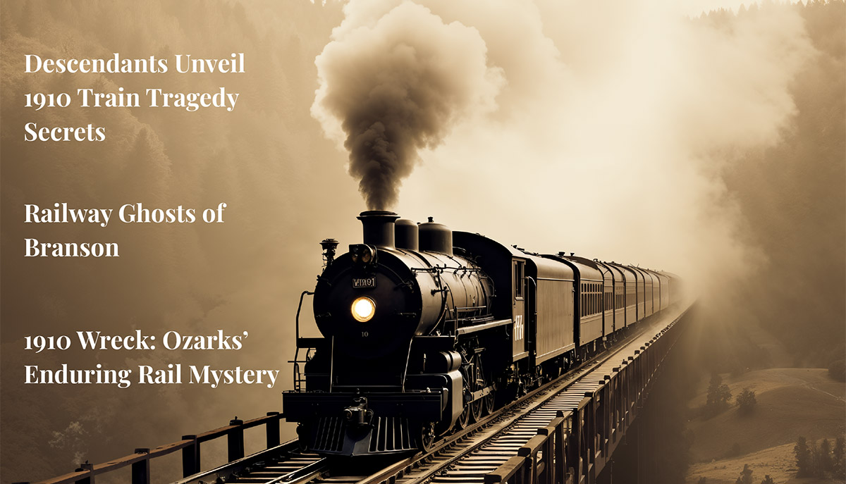 A vintage steam train crosses a bridge enveloped in mist, accompanied by text about the 1910 train tragedy and railway mystery in the Ozarks.