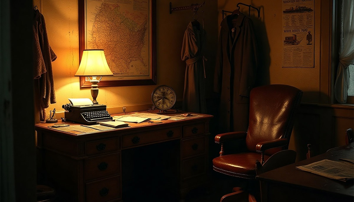 A cozy, dimly lit vintage office features a wooden desk with a typewriter, papers, a lamp, a map on the wall, and a leather chair.
