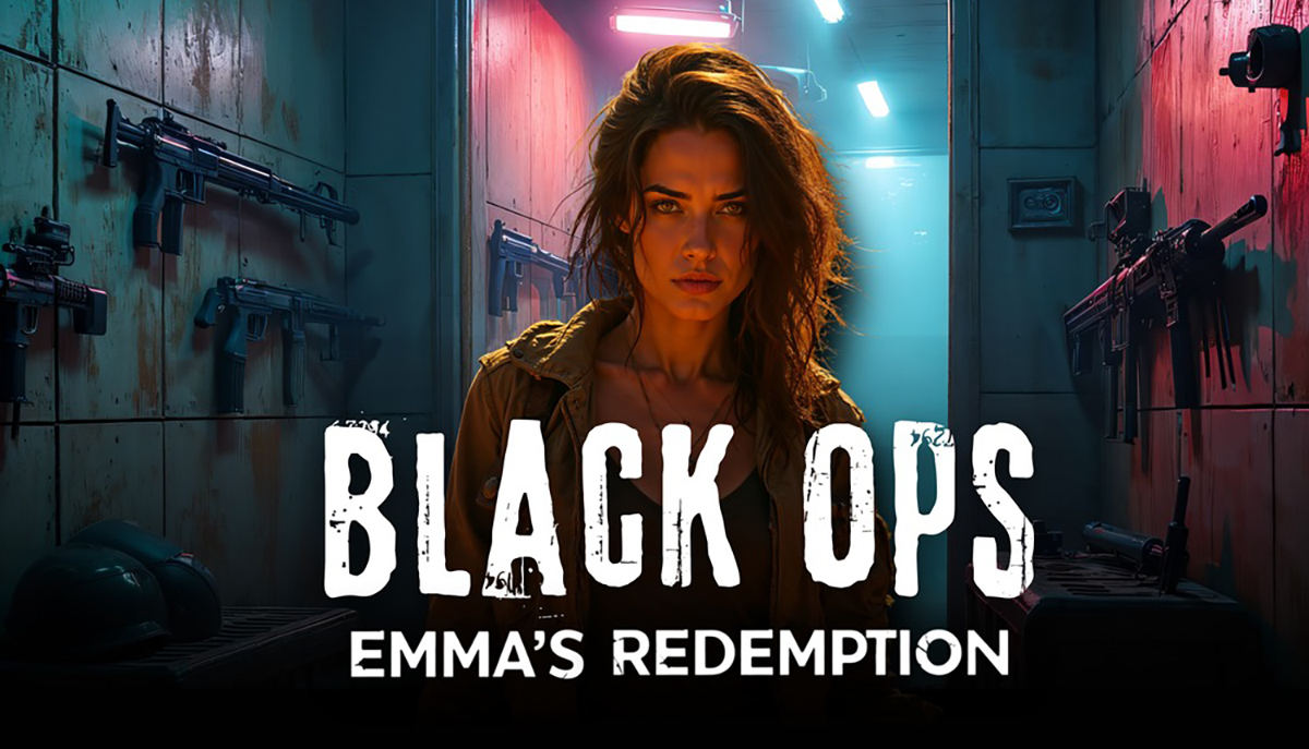 A woman stands confidently in a dimly lit room with weapons on the walls, featuring the text 