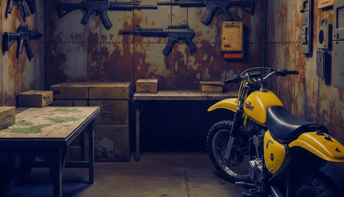 The image shows a dimly lit storage room with firearms mounted on the wall, boxes stacked on tables, and a yellow motorcycle parked inside.
