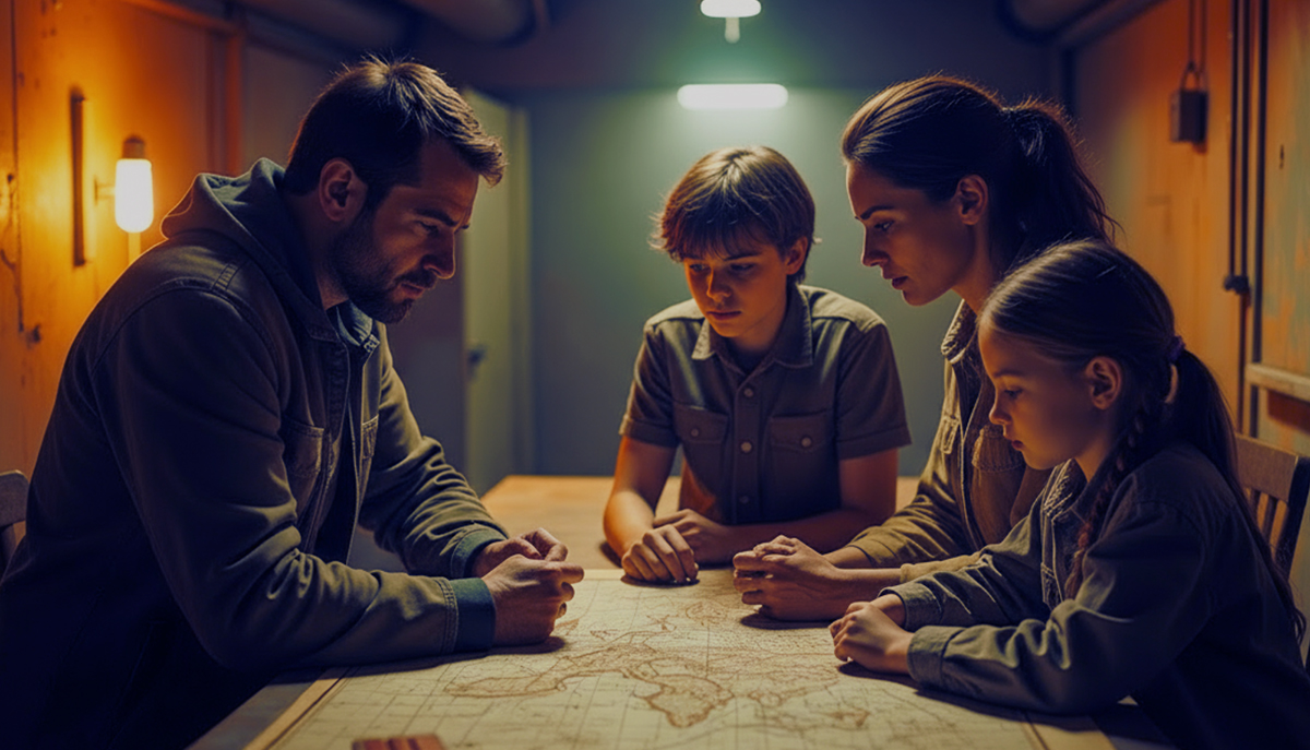 A family is gathered around a table intently studying a world map in a dimly lit room.
