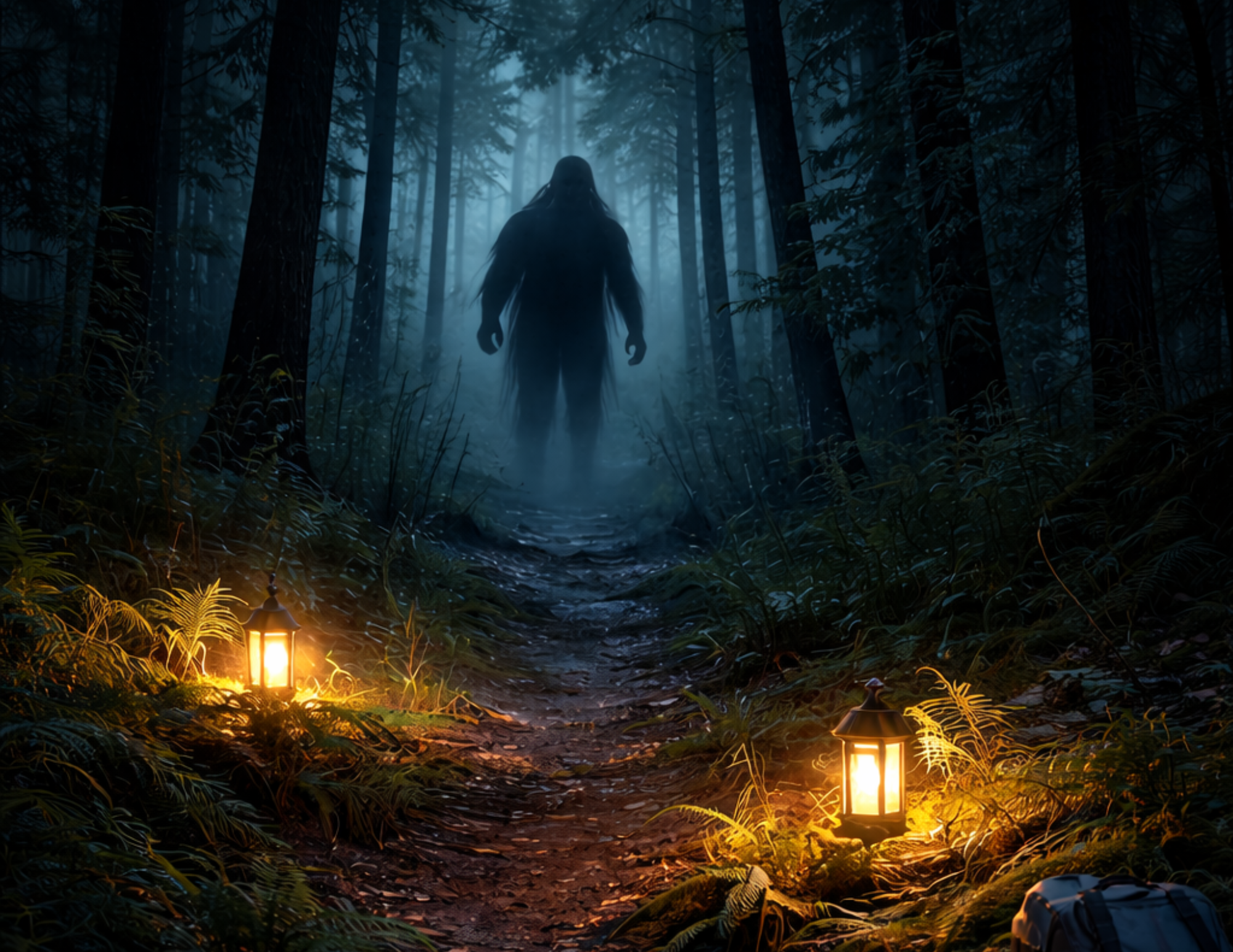 A mysterious, shadowy figure stands on a dimly lit forest path flanked by glowing lanterns.