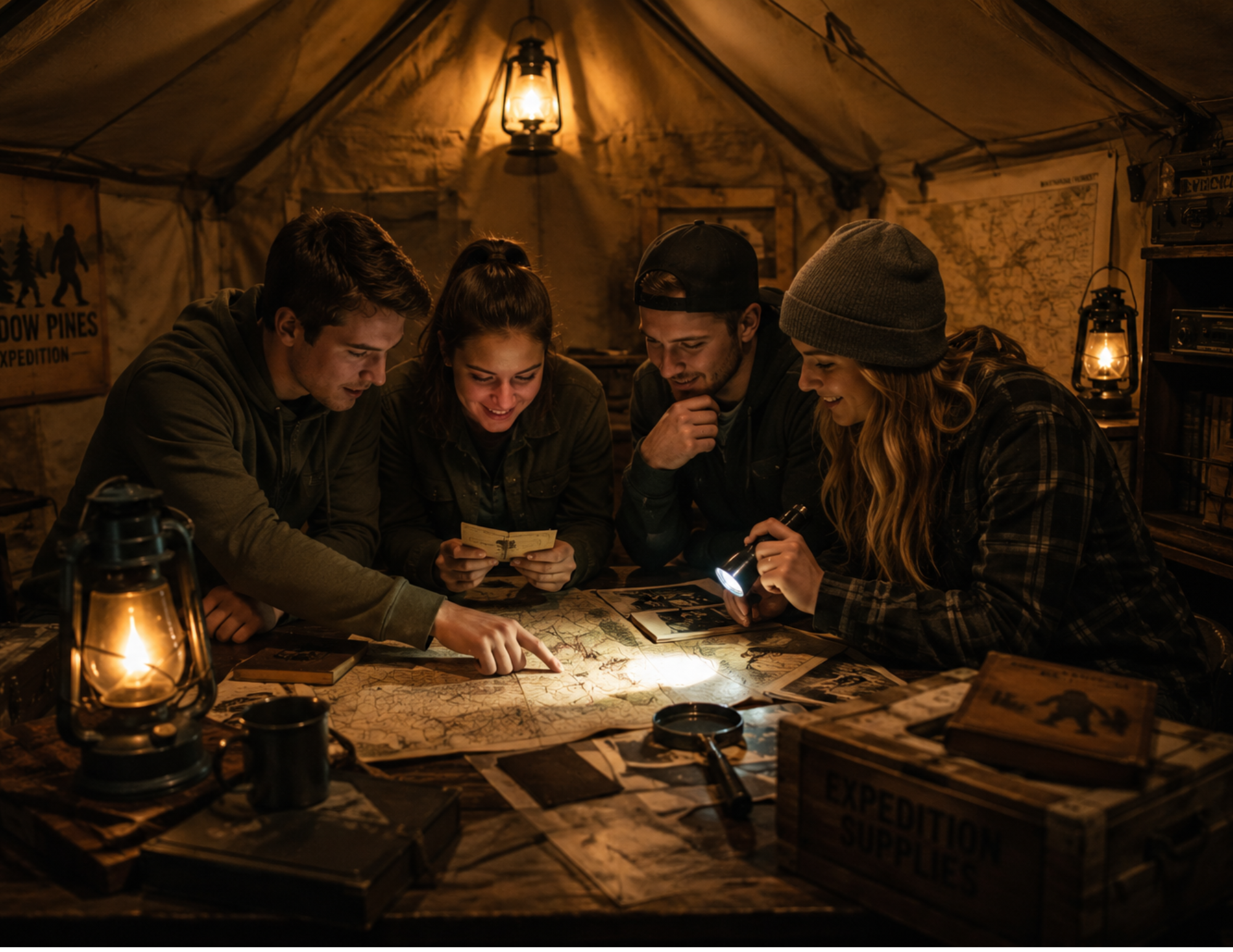 A group of four people are gathered in a warmly-lit tent, intently examining maps and documents on a table filled with exploration supplies.