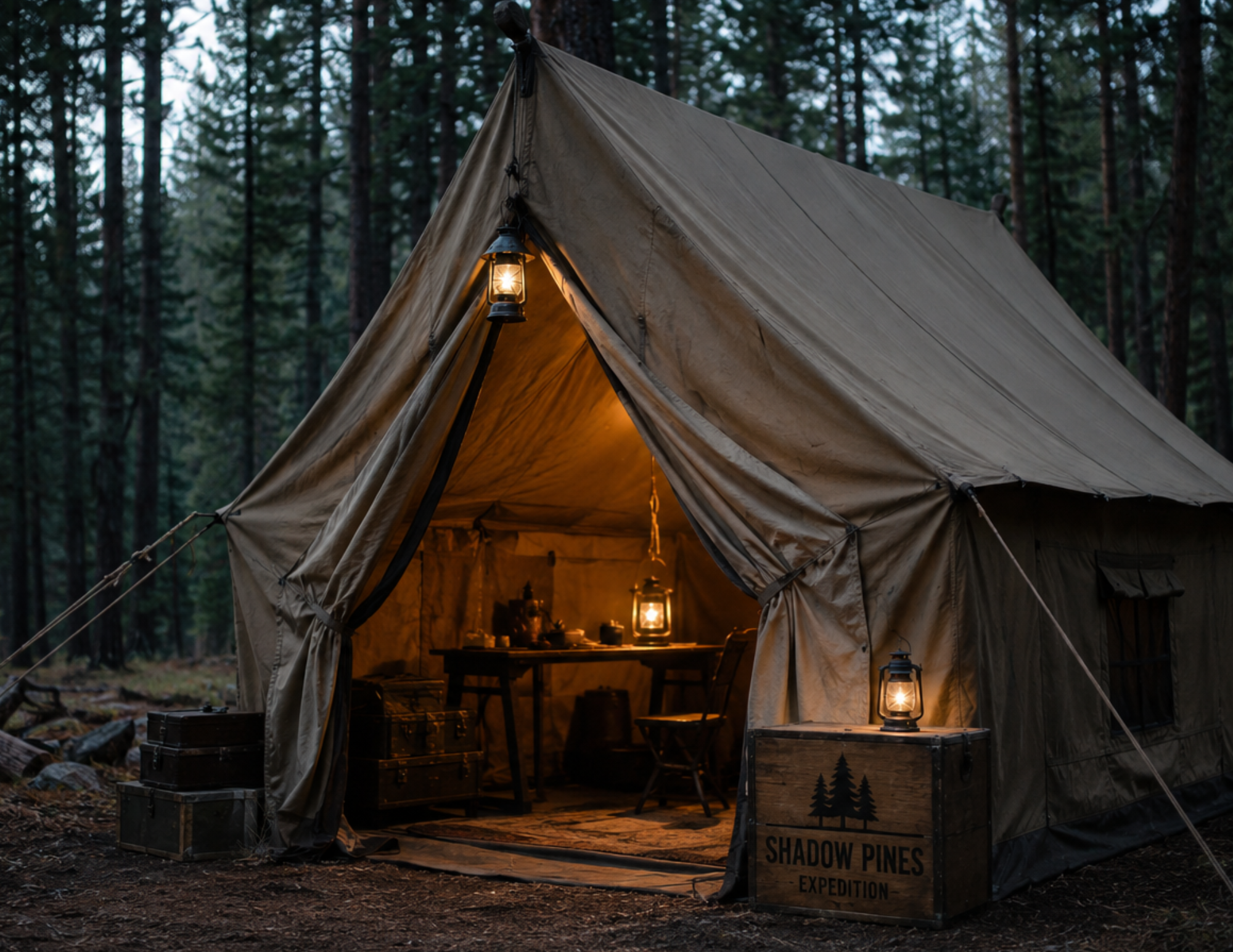 A cozy, lantern-lit expedition tent is nestled in a serene forest setting, inviting exploration and adventure.