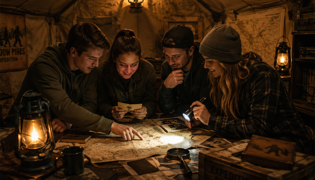 A group of four people is examining a map and photographs in a dimly lit room, illuminated by lanterns and a flashlight.