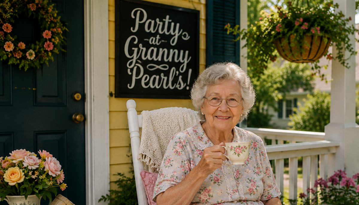 An elderly woman is sitting on a porch with a floral teacup, beside a 
