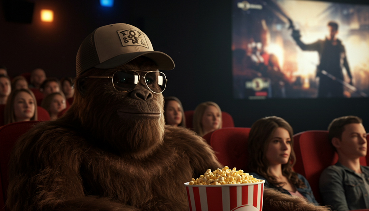 A gorilla wearing sunglasses and a hat is sitting in a movie theater, enjoying popcorn among the audience.