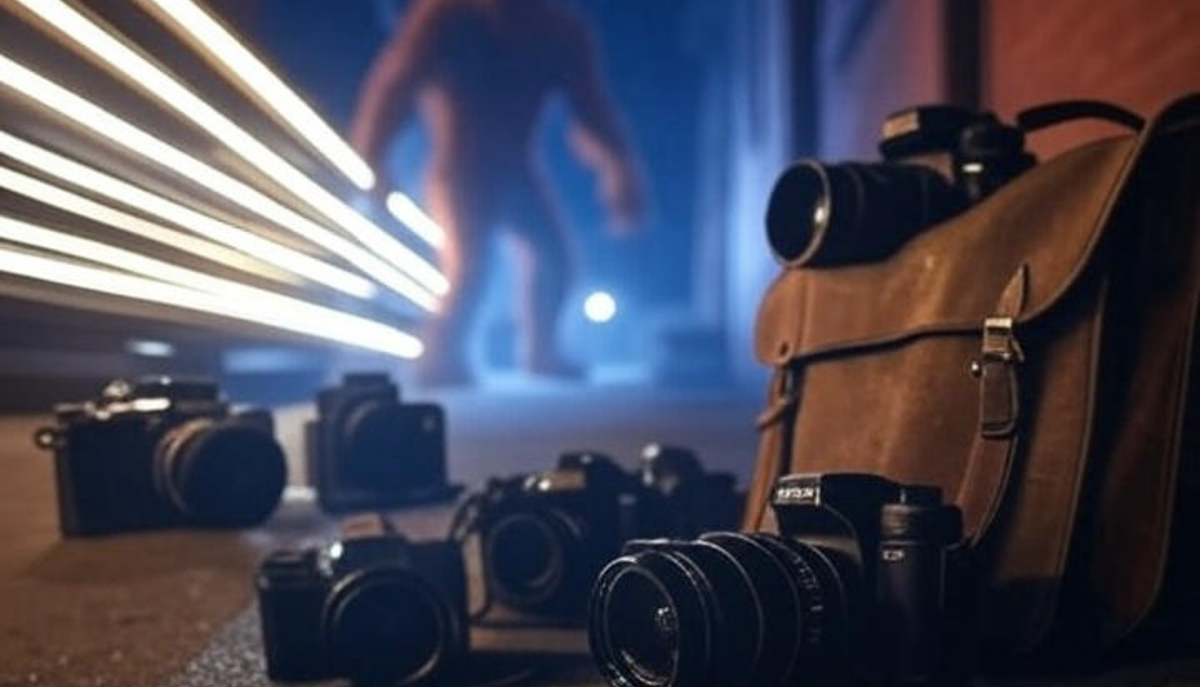 A blurry figure, possibly Bigfoot, is in the background with several cameras and a bag in the foreground, illuminated by streaks of light.