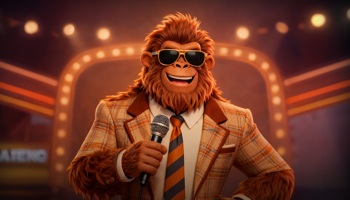 A cartoon ape dressed in a stylish plaid suit and sunglasses holds a microphone confidently on stage.