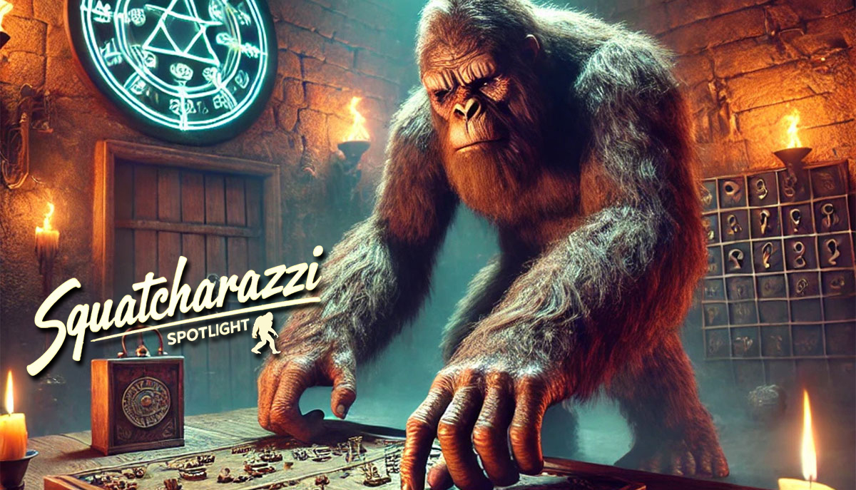 A large, furry creature is examining a mystical board game in a dimly lit, ancient-looking room with magical symbols on the wall.