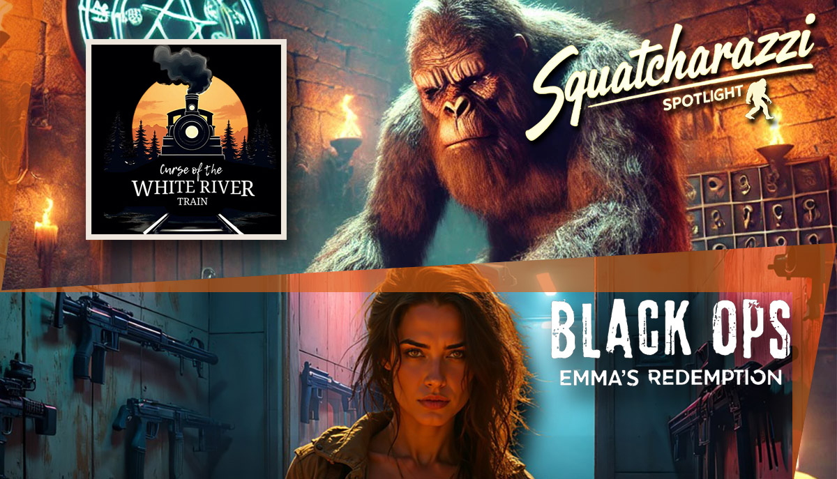 The image is divided into two sections, with the top showing a large ape-like creature in a mystical setting labeled 