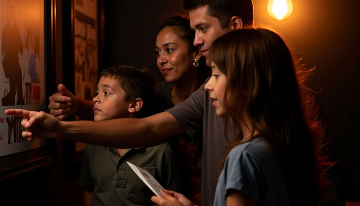 A family of four is intently looking and pointing at framed artwork on a dimly lit wall.