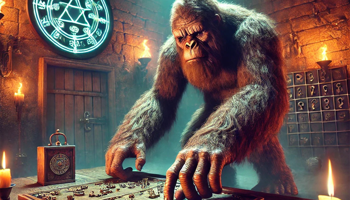 A large, ape-like creature is positioned in a mysterious, dimly-lit room with a glowing mystical symbol on the wall, surrounded by ancient artifacts and candles.