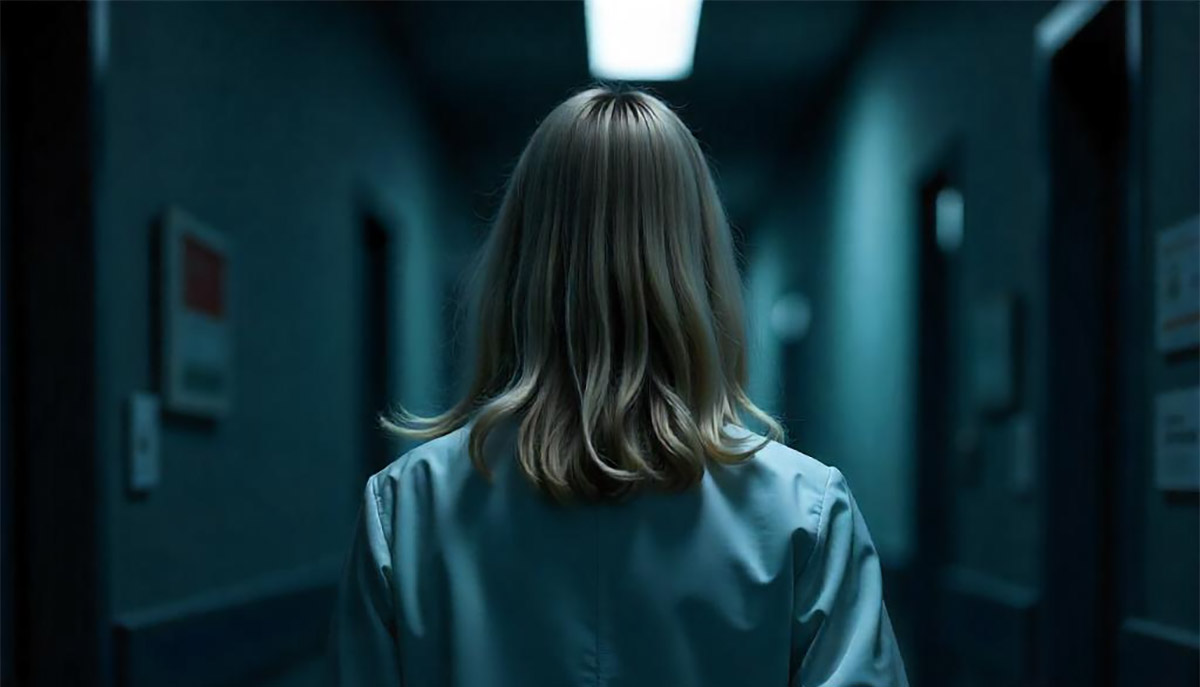 A person with blonde hair wearing a lab coat walks down a dimly lit corridor.