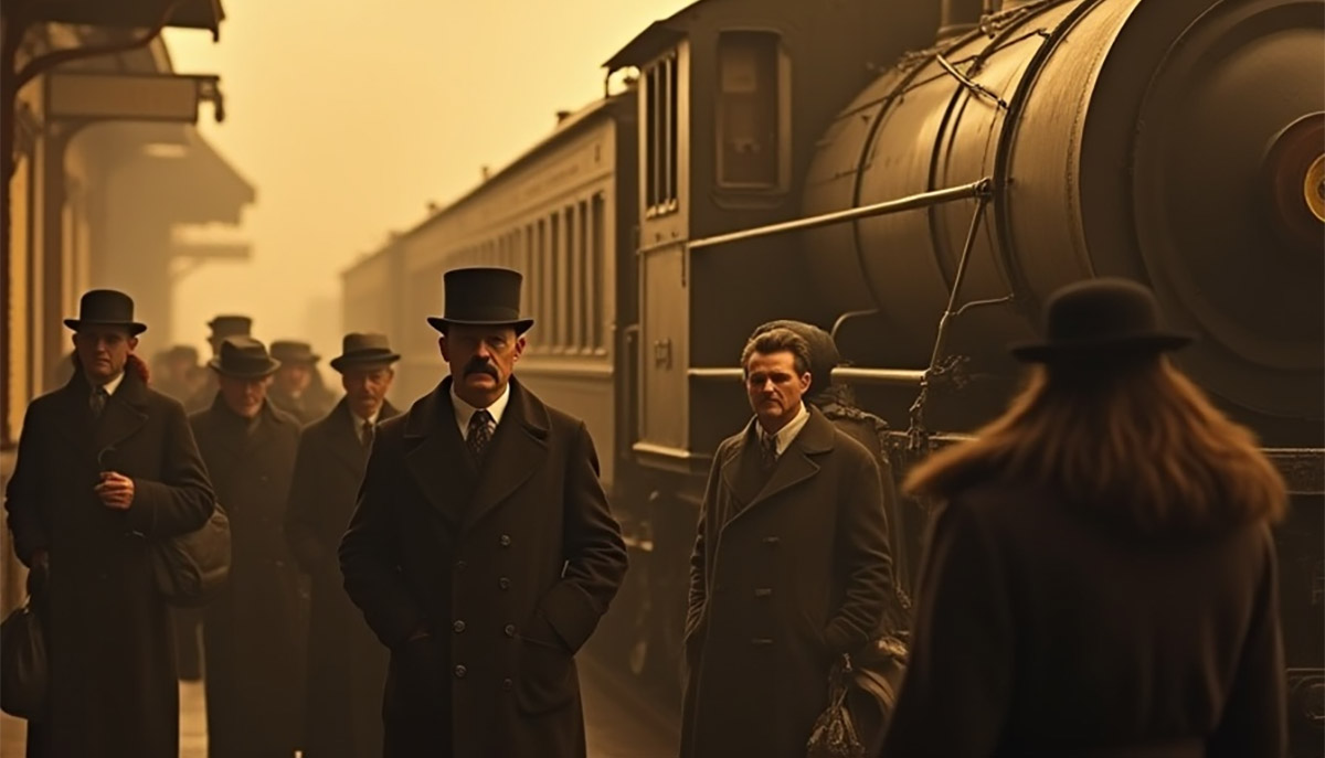 The image depicts a group of individuals in vintage clothing standing on a train platform, with a steam locomotive in the background.