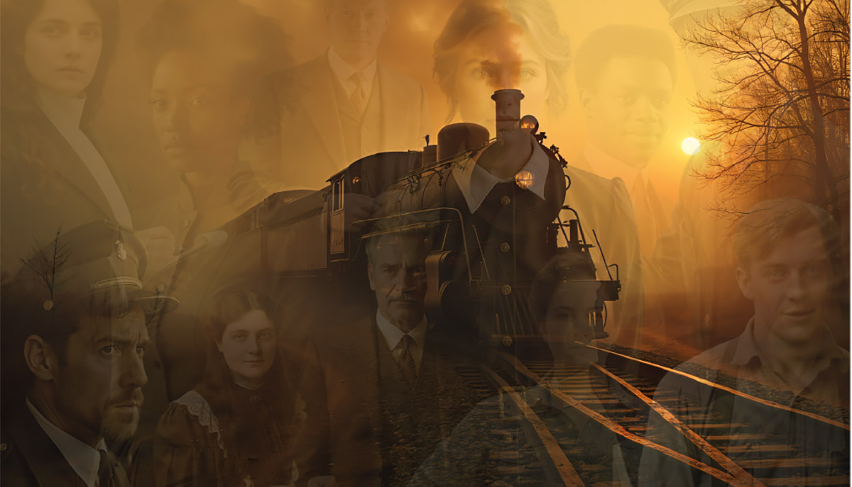 A steam locomotive travels along railroad tracks at sunset, superimposed with the faces of several people.