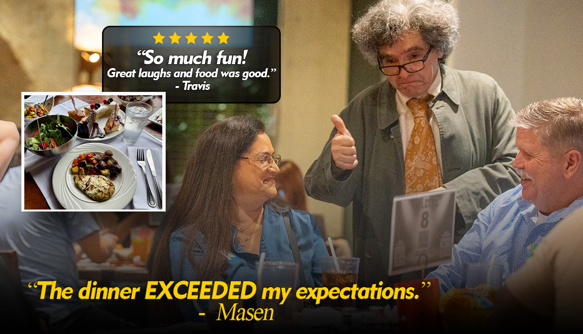 A group of people is enjoying a meal at a restaurant, receiving positive reviews for the food and experience, with a waiter giving a thumbs-up sign.