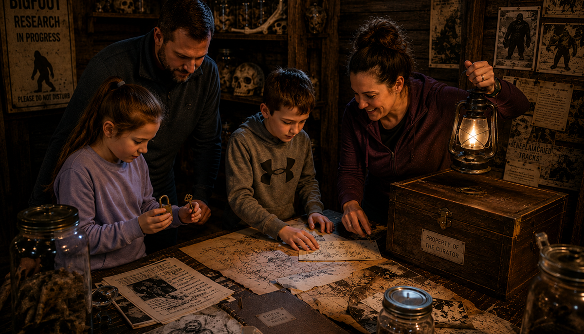 A family is gathered around a table in a dimly lit room, studying maps and clues related to Bigfoot research, with a lantern providing light.