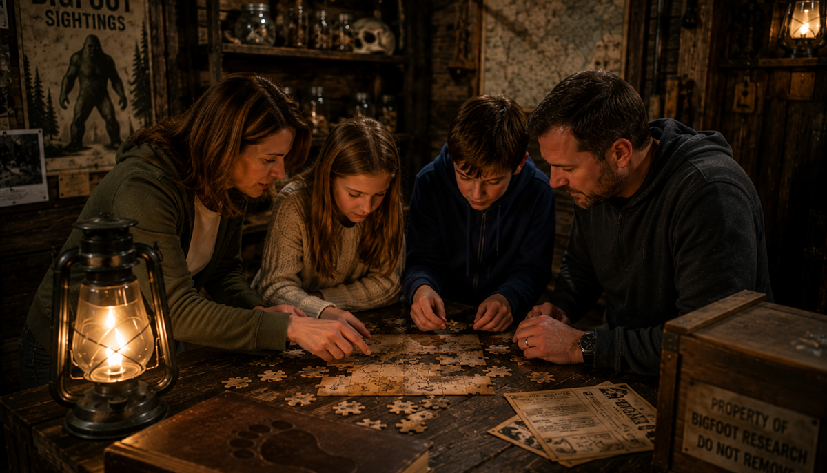 A family works together on a puzzle in a cozy, dimly-lit room with Bigfoot-themed decor.