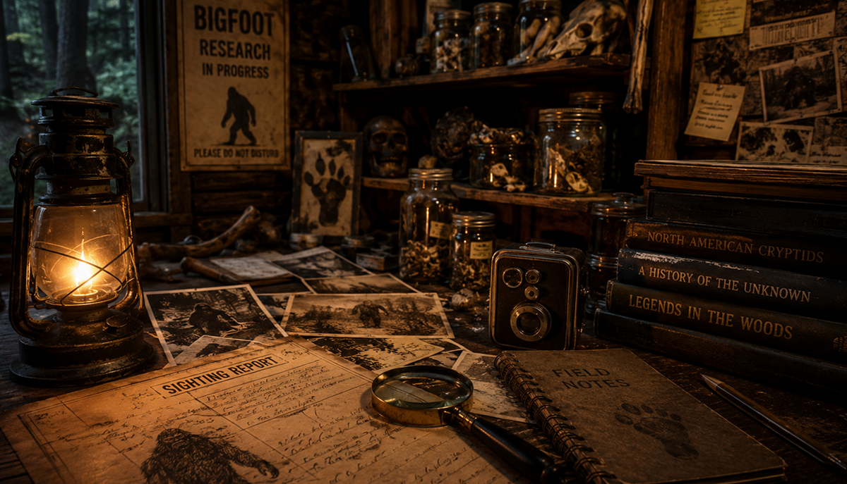 The image depicts a dimly lit research desk filled with books, a lantern, a vintage camera, photos, and notes, all centered on the study of Bigfoot and cryptids.