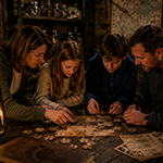 A family is gathered around a dimly lit table, working together on a puzzle in a cozy setting.