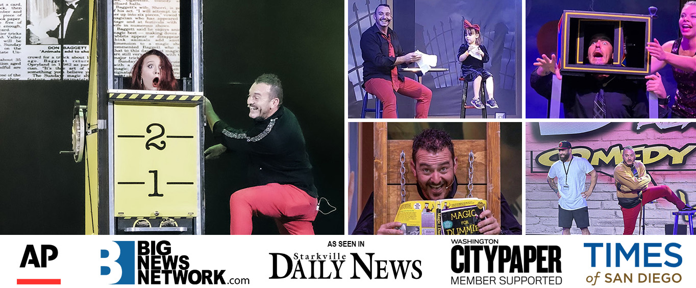 A smiling man pointing at the camera is surrounded by floating playing cards and beams of light, with the words 